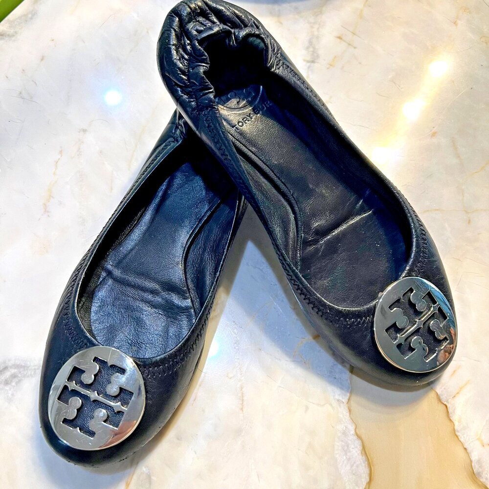 Tory Burch Reva Leather Black Silver Logo Ballet Flats Shoe Women's 6.5 - Picture 2 of 16